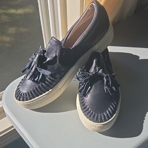 J Slides Black Leather Aztec Platform